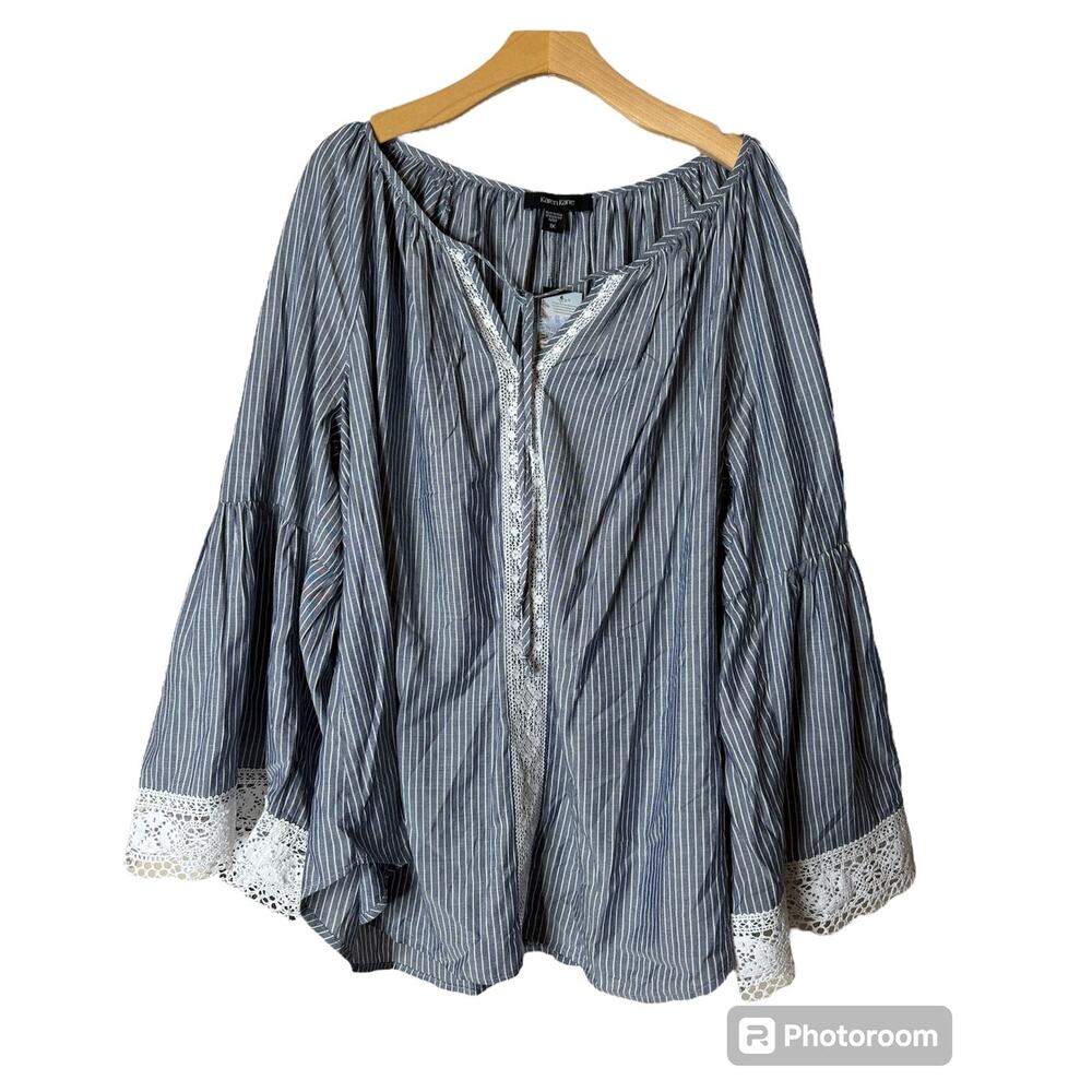 NWT Karen Kane Plus 1X Blue & White Stripe Lace Cuff Bell Sleeve Top